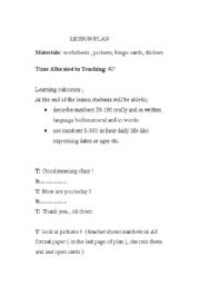 English worksheet: NUMBERS 1- 100 FULL LESSON PLAN !!!!