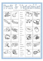 English Worksheet: fruit & vegetable 2pgs: match + crossword printer friendly