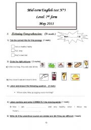 English Worksheet: Mid Term Test N3 for 7th formers