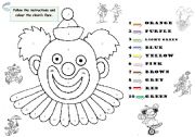 English Worksheet: The clowns face. Vocabulary: Colours.