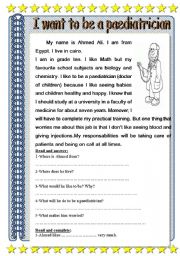 English Worksheet: I want to be a paediatrician(doctor of children)