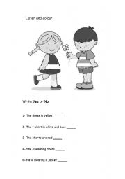 English Worksheet: Listen and colour. Write Yes or No