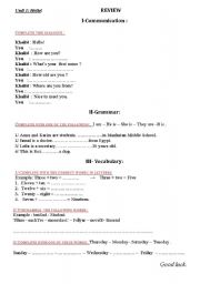 English Worksheet: review of unit 1