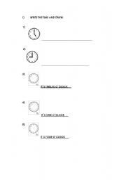 English worksheet: Write the time and draw