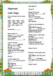 English Worksheet: Filling in song : Paparazzi (Lady Gaga) - with answer key