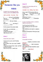 English Worksheet: Filling in song : Someone like you  (Adele) - with B&W copy and answer key