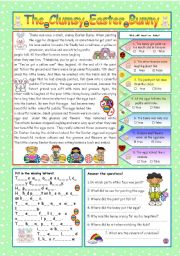 English Worksheet: The Clumsy Easter Bunny (KEY included)