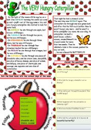 English Worksheet: THE VERY HUNGRY CATERPILLAR (TEXT+TASKS)