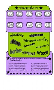 English Worksheet: Numbers 11-20 and colors