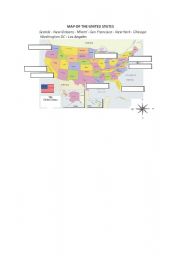 English worksheet: Map of the US - Main cities