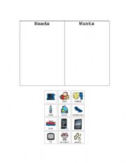 English worksheet: Needs and Wants Sort