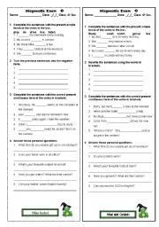 English Worksheet: diagnostic exam 1