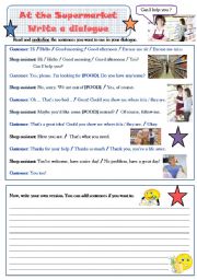 English Worksheet: At the Supermarket - Write and act a dialogue (reading/writing/speaking)