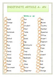 English Worksheet: Indefinite Article A-An