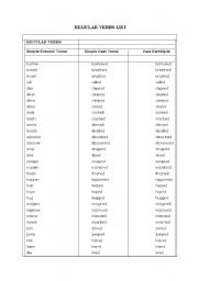 English worksheet: Regular Verbs List