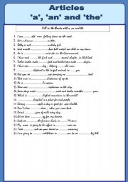 English Worksheet: Articles: a,  an  and  the