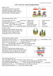 English Worksheet: PREPOSITIONS review: before / after / between / among / during / for