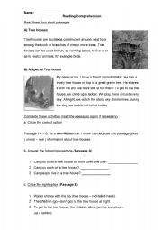 English Worksheet: Tree-Houses - Reading Comprehension