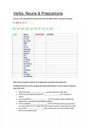 English worksheet: Verbs, Nouns & Prepositions (with key)