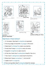 English Worksheet: Smurfs & Present continuous