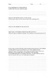 English worksheet: Student Planning Page for Article Presentation