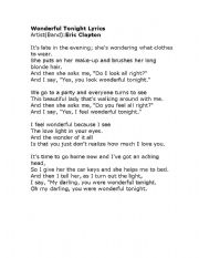 English Worksheet: wonderful tonight gap fill