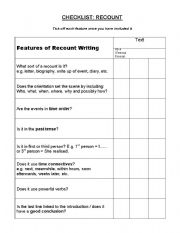 English Worksheet: personal recount checklist