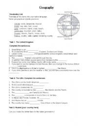 English Worksheet: Geography. The UK and the US. Vocabulary Exercises