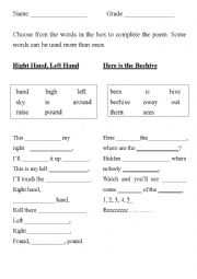 English Worksheet: Rhying poem- Fill in the blanks