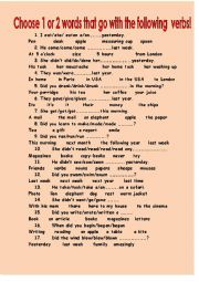 English Worksheet: Choose 1 or 2 words that go with the following verbs. Grammar exercises.