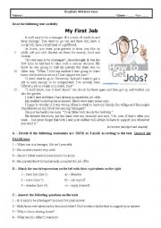 English Worksheet: Test 9th grade (My first job)