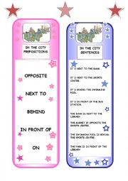 English Worksheet: IN THE CITY BOOKMARKS - prepositions + sentences