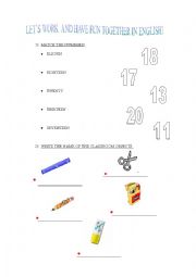 English worksheet: Numbers and school objects