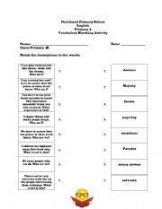 English Worksheet: Vocabulary Matching activity