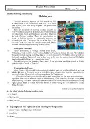 English Worksheet: Test 9th grade (Holiday jobs)