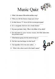 English worksheet: Music Quiz