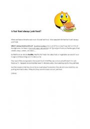 English worksheet: is fast food always junk food