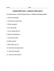 English Worksheet: Asking and Telling Sentences