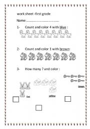 English worksheet: first grade numbers 1-5 and colors 