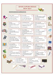 English Worksheet: School Supplies Riddles (What Am I?)