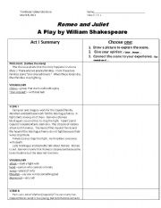 English Worksheet: Romeo and Juliet Act I summary