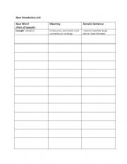 English worksheet: Vocabulary List