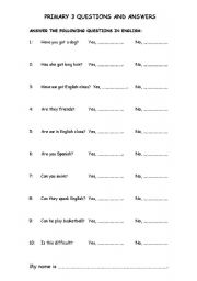 English worksheet: PRIMARY 3 QUESTIONS AND ANSWERS