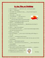 English Worksheet: Articles (a, an, the or nothing)
