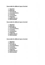 English Worksheet: UNSCRAMBLE DIFFEREN TYPES OF SCHOOLS 