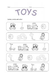 English Worksheet: TOYS-Listen, circle and color.