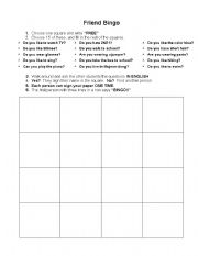 English worksheet: Friend Bingo (Find Someone Who....)