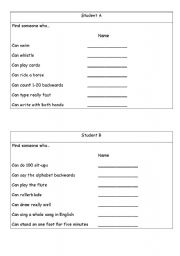 English worksheet: Find someone who (can)