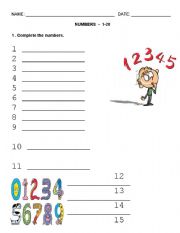 English worksheet: numbers 1-20