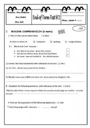 English Worksheet:  Grade 9 end of term test 2 